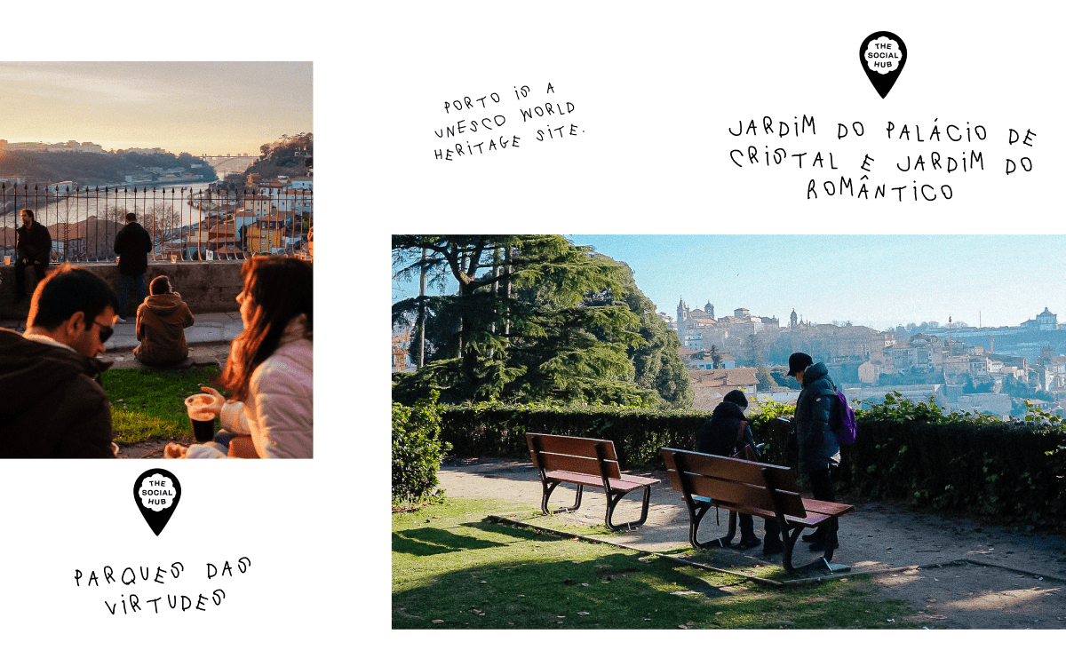 a cozy park with benches with a view on Porto