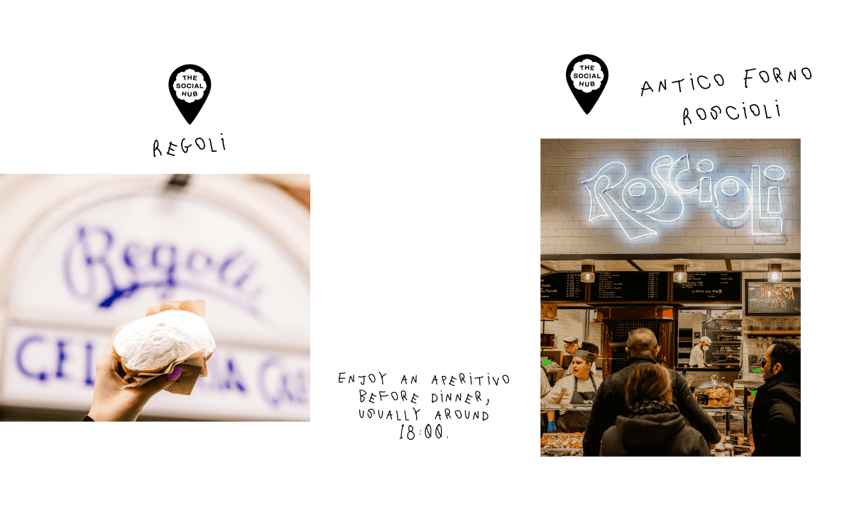 Image of a pastry held in hand and an image bakery filed with people